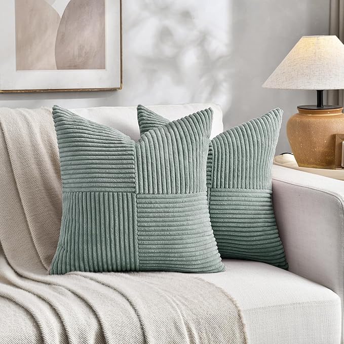 Fancy Homi 2 Packs Grey Blue Samll Decorative Throw Pillow Covers 14x14 Inch with for Couch Bed Sofa, Rustic Farmhouse Boho Home Decor, Soft Corss Patchwork Corduroy Square Cushion Case 35x35 cm-Ruum Studio Home
