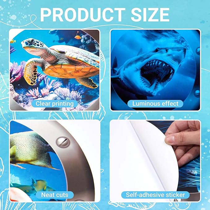 3D Ocean Animals World Wall Stickers Glow in The Dark, 4 Pcs Sharks Turtles Jellyfishs Removable Decals for Kids, Vinyl Stickers for Ceiling (Blue)-Ruum Studio Home