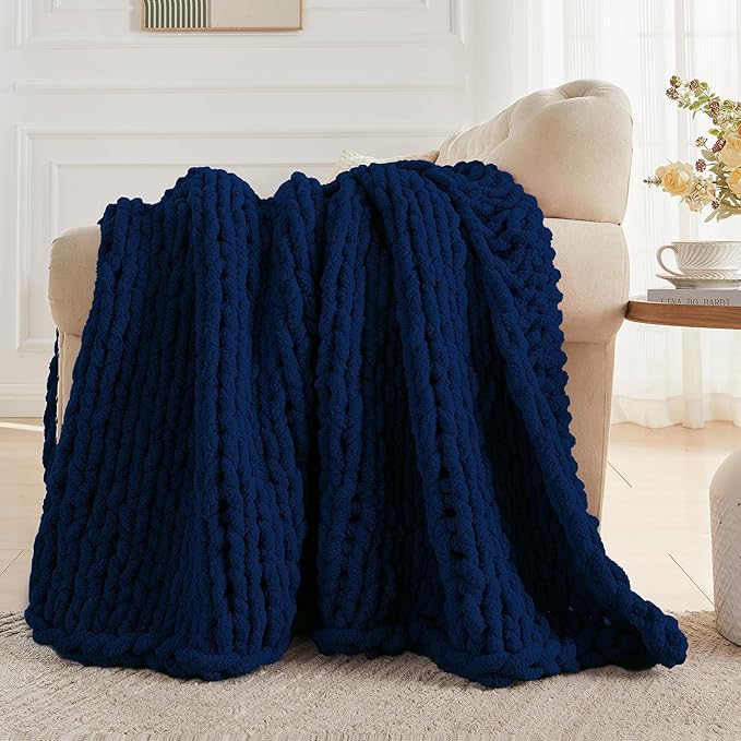 Carriediosa Chunky Knit Throw Blanket 50" X 60", 100% Hand Made Large Chenille Loop Yarn Soft Fluffy Throws for Couch Sofa Bed, Big Crochet Cozy Heavy Thick Cable Woven Blankets, Navy Blue-Ruum Studio Home