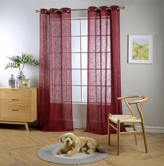 MIUCO Semi Sheer Curtains Poly Linen Textured Solid Grommet Curtains 95 Inches Long for Window Treatment 2 Panels (2 x 37 Wide x 95" Long) Burgundy-Ruum Studio Home