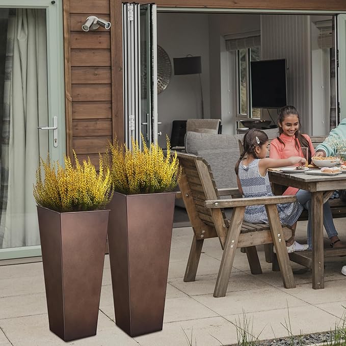 KOL 25'' & 28'' Tall Galvanized Steel Planter with Saucer, Metal Planter Pots for Indoor & Outdoor Use, Decorative Flower Plant Pots with Drainage Hole for Front Porch, Patio, Deck - Rust Color-Ruum Studio Home