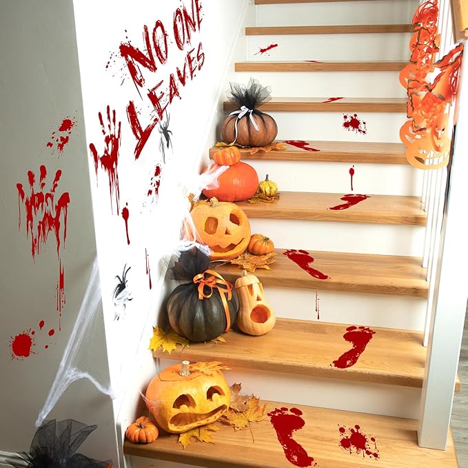 Halloween Bloody-Handprint-Footprints Floor Stickers, Scary Halloween Party Indoor/Outdoor Decoration, for Windows Clings, Car - 12 Sheets-Ruum Studio Home