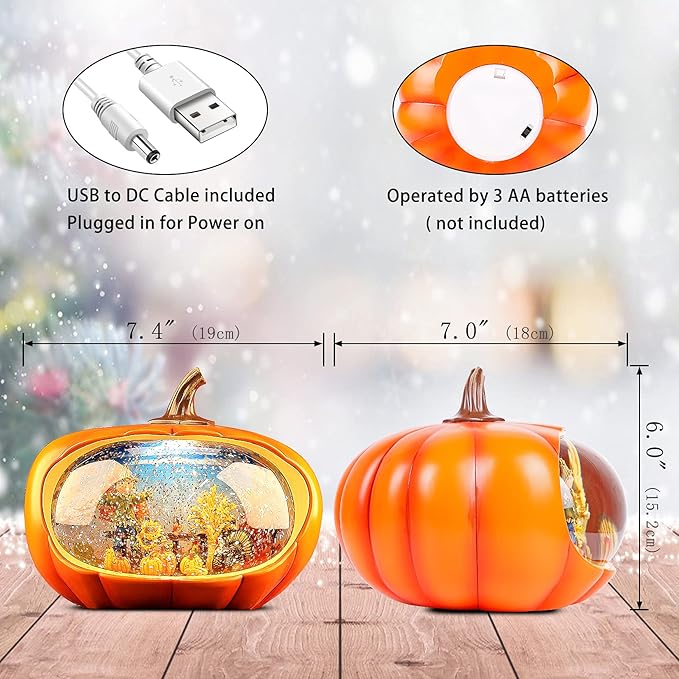 Fall Decor Snow Globe Lighted Pumpkin Thanksgiving Decoration Swirling Glitter Snow Globes Pumpkin Table Accent for Fall Harvest Day Decorations,Pumpkin&Scarecrow-Ruum Studio Home