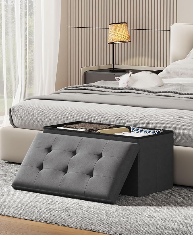 Storage Ottoman Bench, Folding Ottoman Foot Rest, 15 x 30 x 15 Inches, End of Bed Bench,Storage Chest, for Living Room, Bedroom, Hallway, Entryway, Dark Gray-Ruum Studio Home