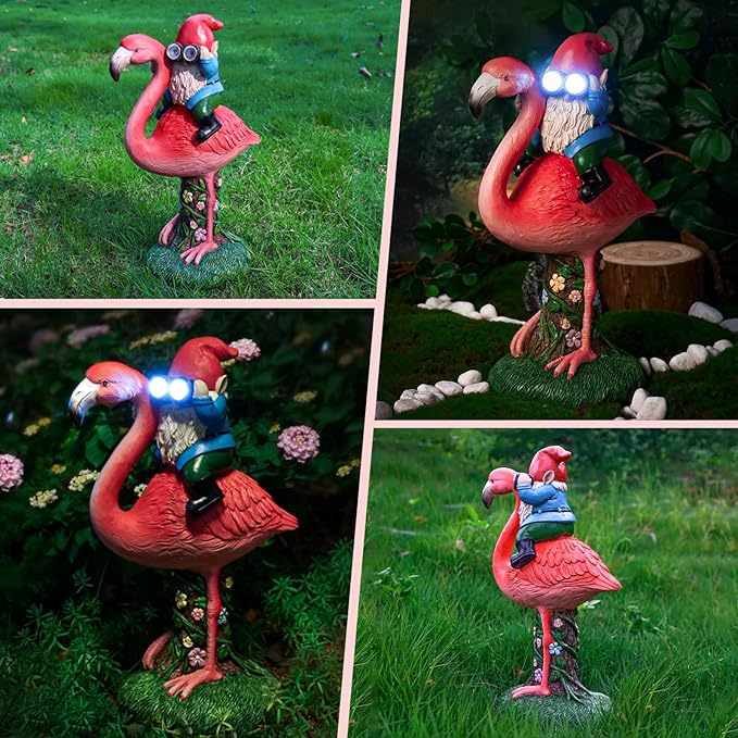 Solar Flamingo Gnome Garden Decor Statue, Outdoor Funny Solar Light Decoration for Yard, Patio, Lawn, Unique Housewarming, Birthday Gift for Women, Mom, Grandma-Ruum Studio Home