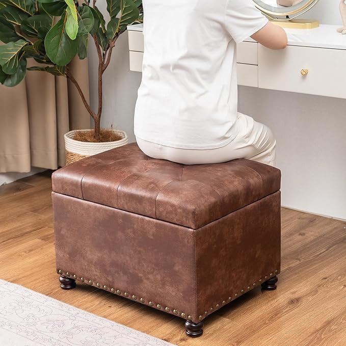 Joveco Leather Storage Ottoman, 24" Rectangle Tufted Square Upholstered Bench, Foot Rest Stool with Wood Legs, Footstool for Living Room Bedroom, Coffee-Ruum Studio Home