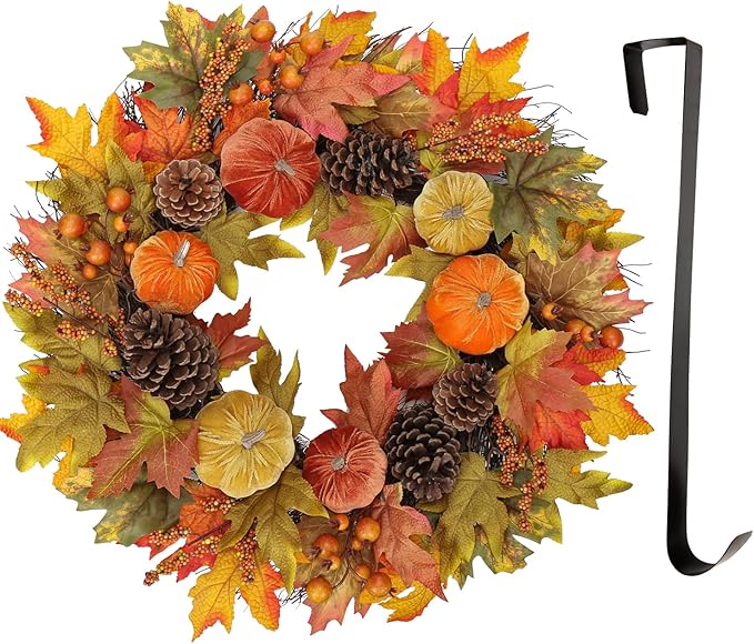 Fall Wreaths for Front Door 26'' Autumn Velvet Pumpkin Wreath with Metal Hook Large Harvest Maple Wreath Fall Decoration for Home Halloween Thanksgiving Decoration, Briful-Ruum Studio Home