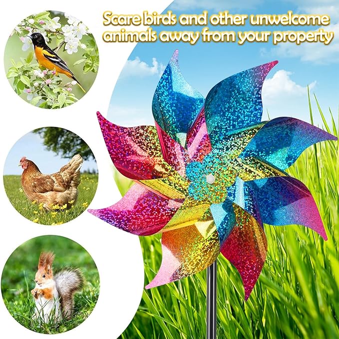 Hausse 10 Pack Reflective Pinwheels Wind Spinner, Extra Sparkly Rainbow Pinwheel with Stakes, Bird Repellent Blinder Devices Deterrent to Scare Birds Away from Yard Patio Farm Garden, Colorful-Ruum Studio Home