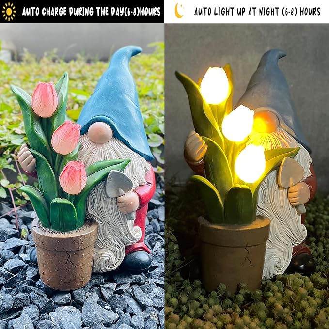 COWOS Garden Gnome Statue, Sculpture of a Dwarf Holding a Shovel and a Flower Pot, Solar Gnome Statues Outdoor Decor, Outside Lawn Patio Yard Ornament Gifts-Ruum Studio Home