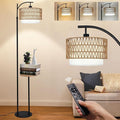 Arc Floor Lamp with Table and Shelves,Rattan Boho Floor Lamp with Remote Control,Rustic Floor Lamps for Bedroom Wicker Standing Lamp with 3 Color Temperature Tall Lamp for Living Room Corner-Ruum Studio Home
