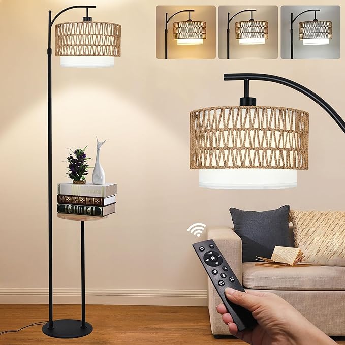 Arc Floor Lamp with Table and Shelves,Rattan Boho Floor Lamp with Remote Control,Rustic Floor Lamps for Bedroom Wicker Standing Lamp with 3 Color Temperature Tall Lamp for Living Room Corner-Ruum Studio Home