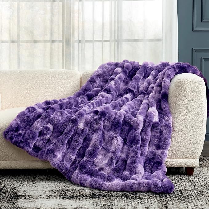 Cozy Bliss Faux Fur Throw Blanket for Couch, Fuzzy Soft Plush Thick Bubble Blanket for Sofa Bedroom Living Room, 50 * 60 Inches Tie-dye Purple-Ruum Studio Home