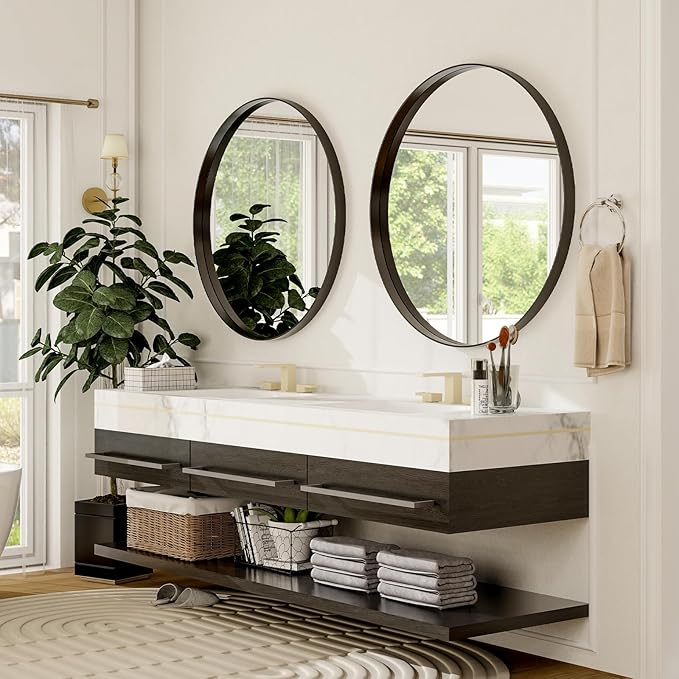 30 Inch Round Bathroom Mirror - Wall Mounted Circle Mirror with Metal Frame, Modern Mirror Suitable for Bathroom, Vanity, Entryway, Living Room, Wall Decor,Black-Ruum Studio Home