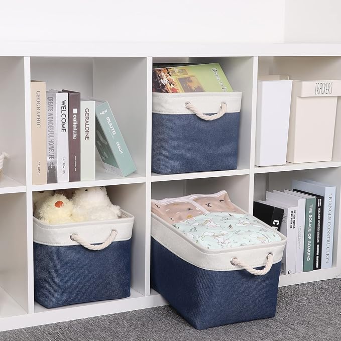 Bidtakay Storage Baskets Collapsible [3-Pack] Decorative Storage Bins with Cotton Rope Handles 15 X 11 X 9.5 Inch Organizing Baskets for Shelves Clothes Closet Navy Blue Baskets for Gifts Empty-Ruum Studio Home