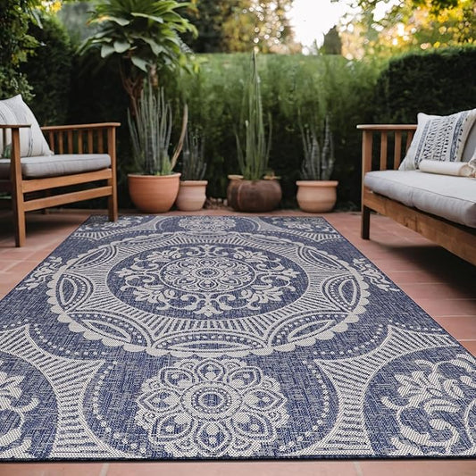 Medallion Outdoor Rug 5x7 Washable Outside Carpet for Indoor Patio Porch Waterproof Easy Cleaning Non Shedding Area Rugs Blue 5 x 7-Ruum Studio Home