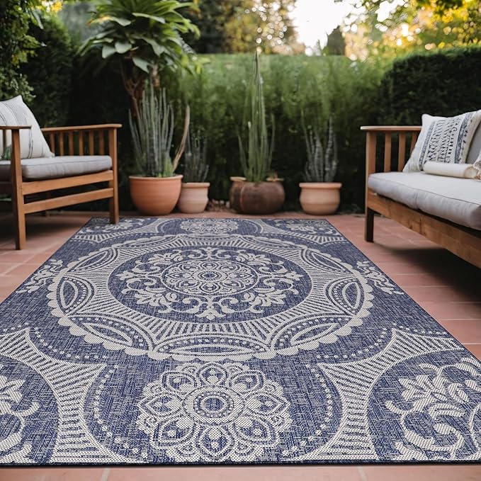 Medallion Outdoor Rug 6x9 Washable Outside Carpet for Indoor Patio Porch Waterproof Easy Cleaning Non Shedding Area Rugs Blue 6 x 9-Ruum Studio Home