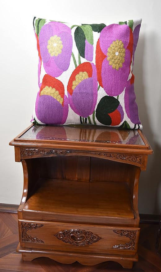 Lily Pink Flower Pillow Cover | Suzani Accent Pillow | Outdoor Floral Pillows | Hand Embroidered Wool Cushion - 18x18-Ruum Studio Home