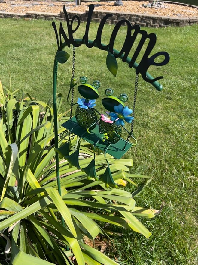 Frog Solar Light Garden Outdoor Decoration Swing Metal Stake Lamp with Welcome Sign Waterproof Patio Yard Decor Gifts-48 inch-Ruum Studio Home