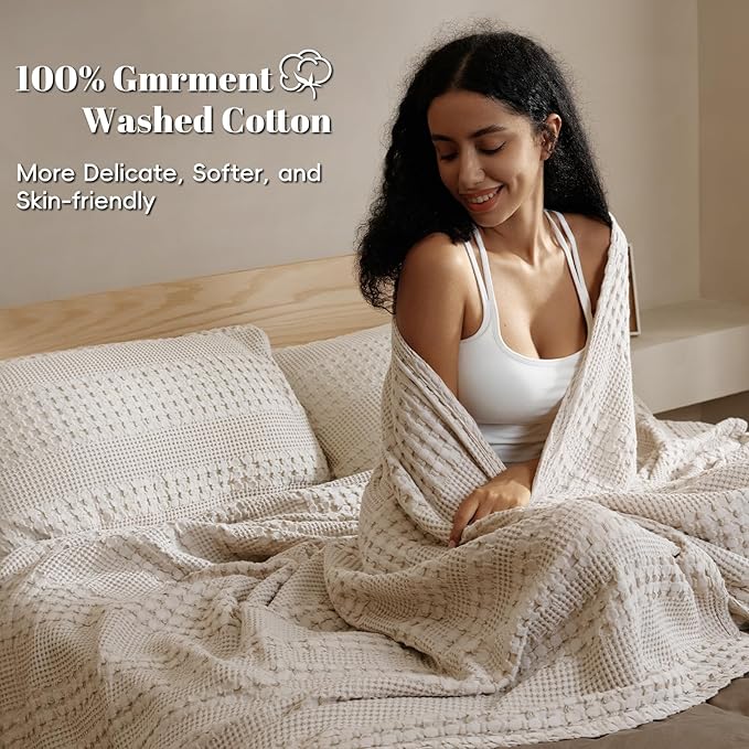 PHF 100% Cotton Waffle Weave Blanket King Size, Soft Lightweight Breathable Cozy Summer Blankets for Bed, Luxury Aesthetic Woven Bedding for Home Decor, 108"x90", Oatmeal-Ruum Studio Home