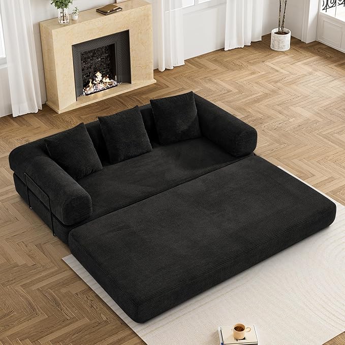 Convertible Sleeper Sofa Bed with Pillow, 4-in-1 Corduroy Folding Mattress Couch with Fixed-Shape Frame, Futon Fold Out Floor Sofa Cama Lounge Couch for Living Room Bedroom Studio, Black-Ruum Studio Home
