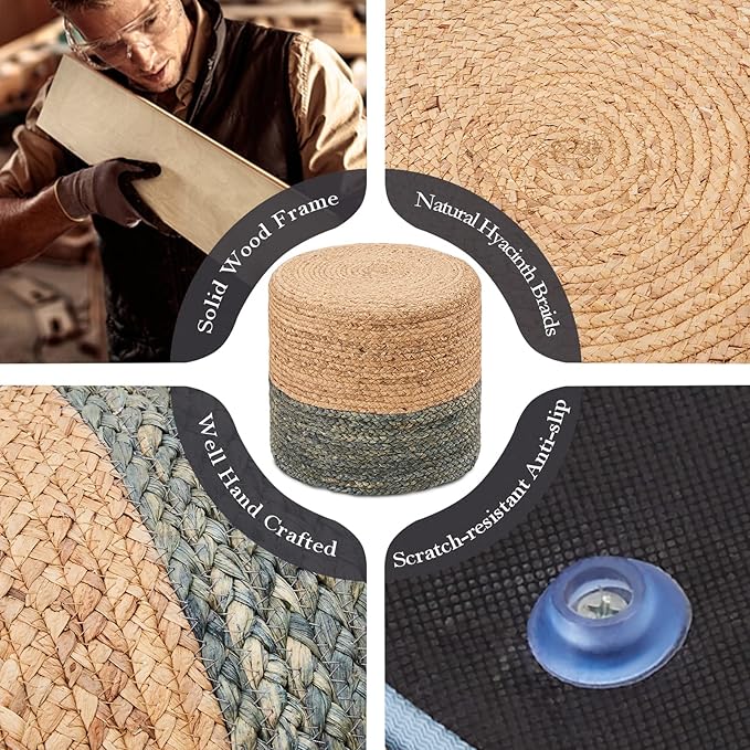 Wimarsbon 18'' Ottoman Pouf, Natural Braided Poof, Rustic Handweave Lounge Pouffe, Boho Footrest Stool for Bedroom, Accent Table or Seat for Living Room (Dusty Blue)-Ruum Studio Home