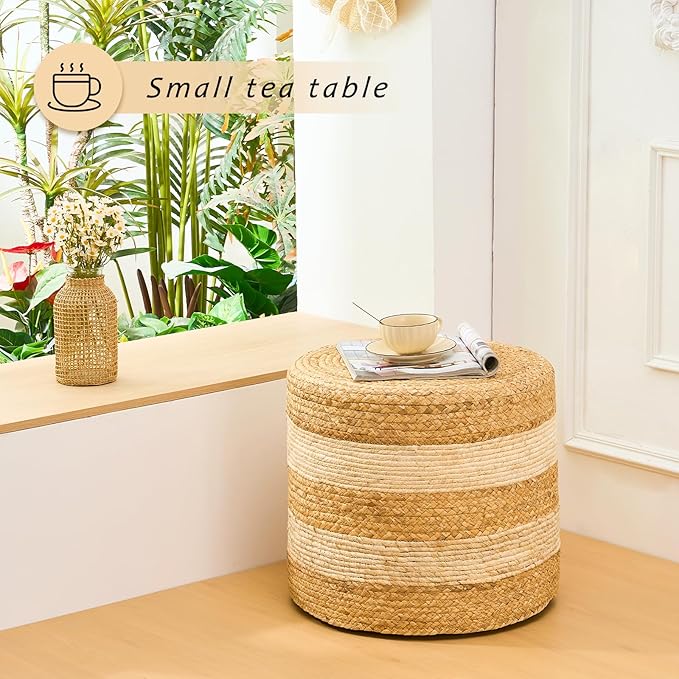 Handwoven Ottoman Pouf, Natural Water Hyacinth Footstool, Round Braided Outdoor Seat with Sturdy Frame, Boho Accent Stool for Patio, Balcony, or Garden (White)-Ruum Studio Home