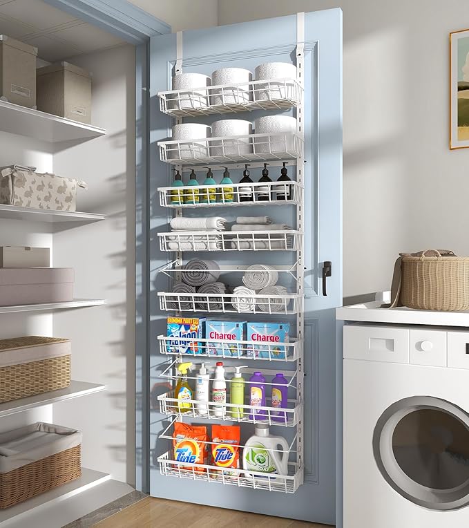 Over The Door Pantry Organizer, Wall Mount Spice Rack, Pantry Hanging Storage and Organization, 8 Adjustable Baskets Heavy-Duty Metal for Home & Kitchen, Back of Door Seasoning Rack - White-Ruum Studio Home