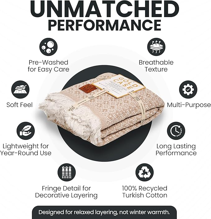 Gold Case Throw Blanket for Couch – 100% Recycled Turkish Cotton Blankets & Throws – Elegant Decorative Throw Blankets for Living Room Sofa – Woven Throws for Couch – Retro Beige – 50x60-Ruum Studio Home