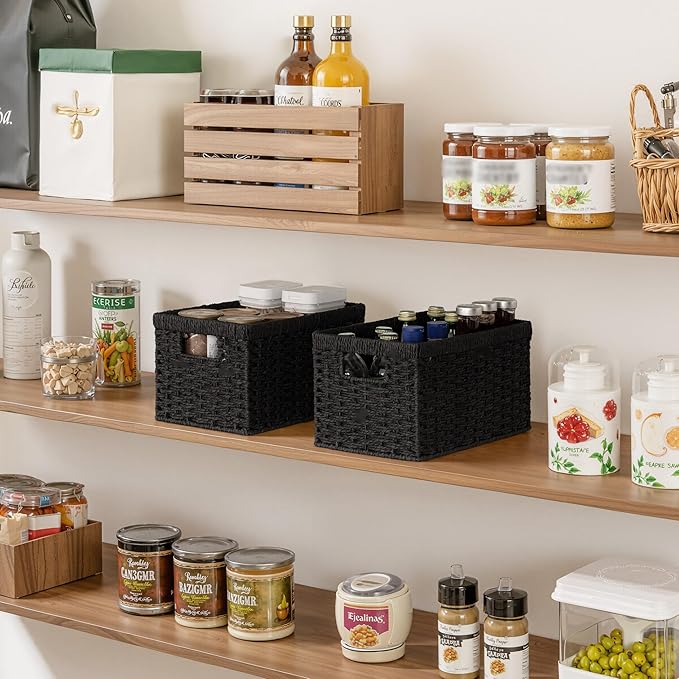 StorageWorks Pantry Baskets, Wicker Storage Baskets for Organizing, Bathroom Shelves, Pantry Organizers and Storage, Medium, Black, 2-Pack-Ruum Studio Home