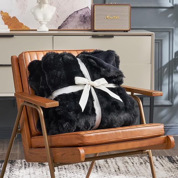 Cozy Bliss Faux Fur Throw Blanket for Couch, Fuzzy Soft Plush Thick Bubble Blanket for Sofa Bedroom Living Room, 90 * 90 Inches Black-Ruum Studio Home