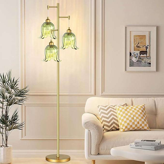 Gold Floor Lamp for Living Room,Bedroom,Tree 3 Light Standing Lamp Mid Century Modern Brass Tall Floor Lamps Vintage Retro Floor Lights Green Glass Flower Lamp Shade Farmhouse Boho Bohemian-Ruum Studio Home