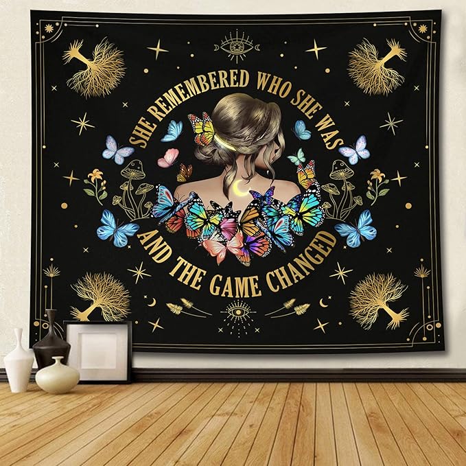 Bapcoku She Remembered Who She Was And The Game Changed Positive Quotes Tapestry Inspirational Gift Wall Decor for Bedroom,Uplifting Encouragement Gifts Butterfly Gifts for Women Teens Girls 60x50in-Ruum Studio Home