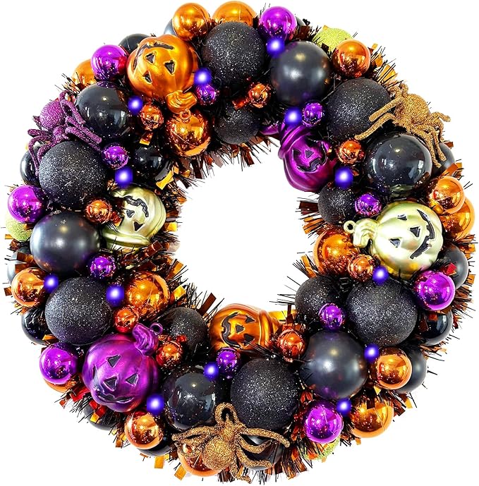 13.8 Inch Halloween Ball Wreath for Front Door with Lights, Lighted Cute Treat-or-Trick Door Wreath Ball Ornament for Halloween Indoor Decorations Centerpiece Party Holiday Wall Home Decor-Ruum Studio Home