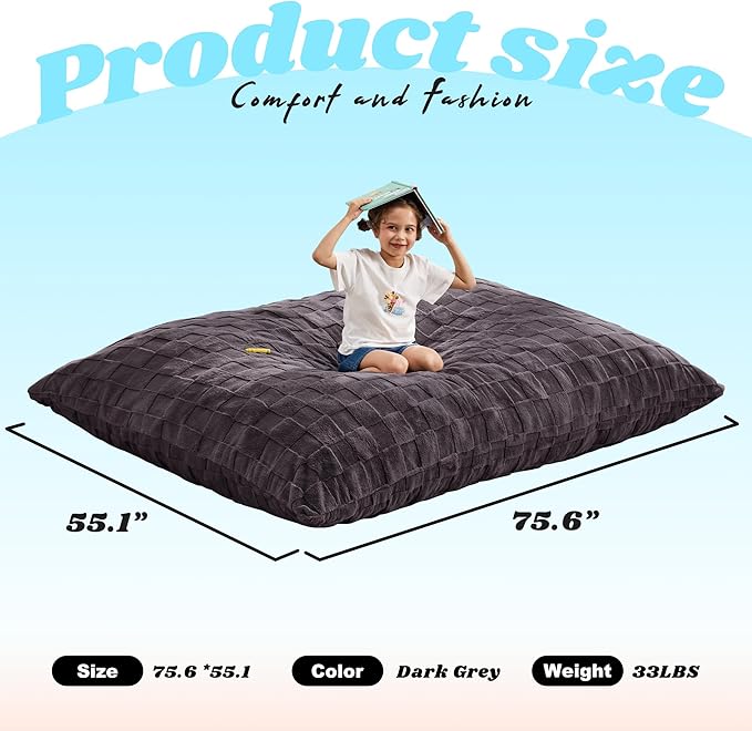 Hobestluk 3 in 1 Bean Bag Chair Giant Bean Bag Chairs for Adults with Plaid Cover Convertible Bean Bag Floor Cushion with Machine Washable Cover for Living Room (Plaid Dark Grey)-Ruum Studio Home