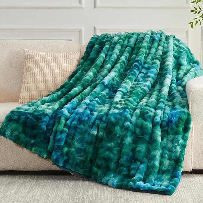 NEWCOSPLAY Faux Fur Throw Blanket Tie-dye Dark Teal Luxury Fluffy Thick Warm Bubble Blanket for Couch Sofa Bed 700GSM (Tie-dye Dark Teal, Throw(50"x60"))-Ruum Studio Home
