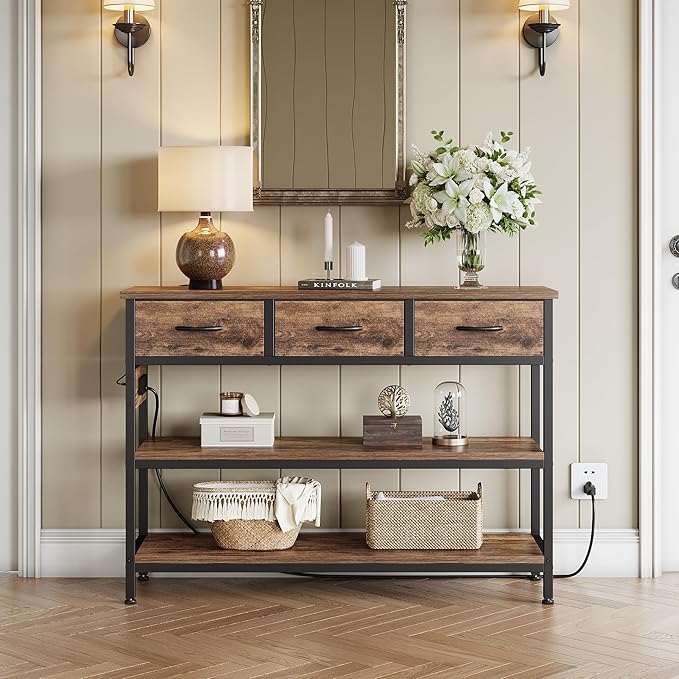 Lulive Entryway Table with Power Outlets, Console Table with 3 Fabric Drawers, Sofa Table for Living Room, Hallway, Couch, Foyer, Height Adjustable (Rustic Brown, 43")-Ruum Studio Home