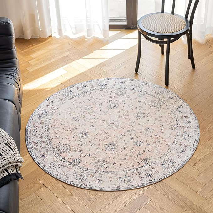 4'x4' Vintage Floral Rug - Persian Inspired Low-Pile Faux Wool Area Rug, Non-Slip Washable Round Rug for Bedroom, Nursery, Dorm, Soft Pink Boho Chic Decor-Ruum Studio Home