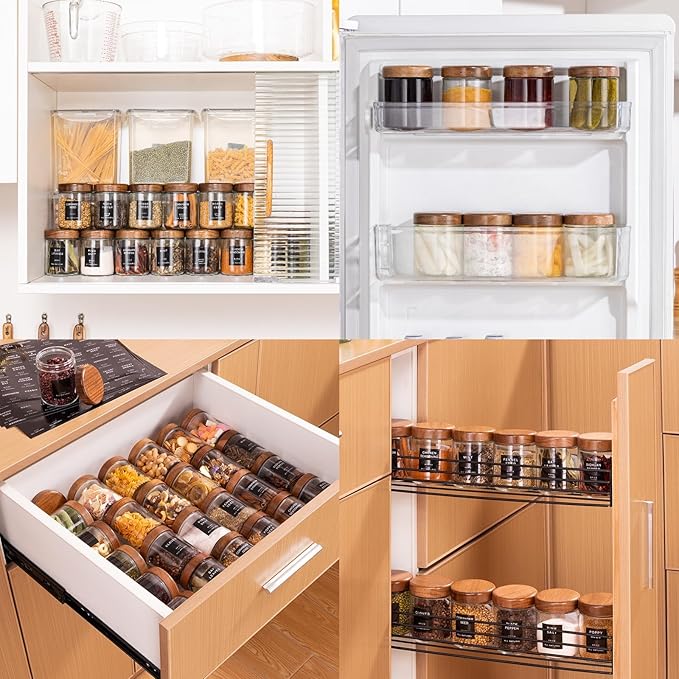 Yangbaga 12Pcs Glass Spice Jars with Labels-8oz Acacia Wood Lid Square Spice Containers,Seasoning Jars for Rack Cabinet Drawer,KitchenPantry Daily Use-Ruum Studio Home