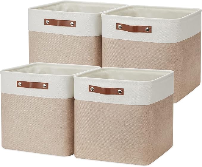 DULLEMELO Cube Storage Bins - 4 Pack Foldable Large Storage Baskets 12 inch Gifts Empty Fabric Bins for Home Office Cubes Organizer Closet, Shelves, Toy, Nursery (4 Pack - 12" White&Khaki)-Ruum Studio Home