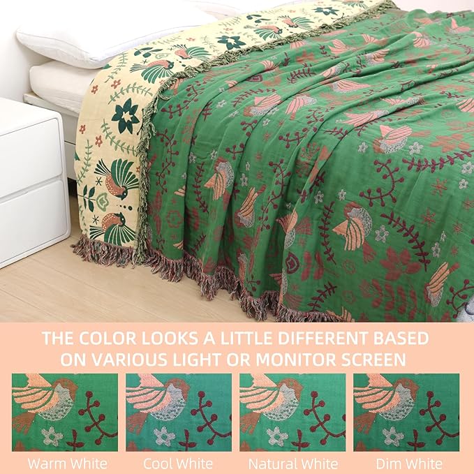 Boho Throw Blanket for Bed, 100% Pure Cotton Ultra Soft Rustic Quilt, Farmhouse Decor Bed Blankets, All Season Rustic Throw for Sofa Couch Chair(60"×80", Bird B)-Ruum Studio Home