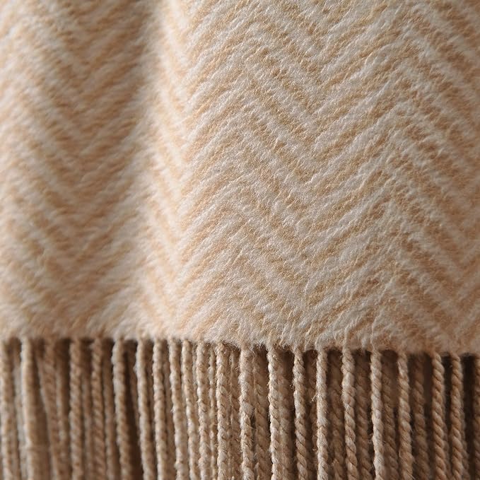 CUDDLE DREAMS Silk Throw Blanket with Hand-Knotted Fringe, Natural, Soft & Breathable (Herringbone-Taupe)-Ruum Studio Home