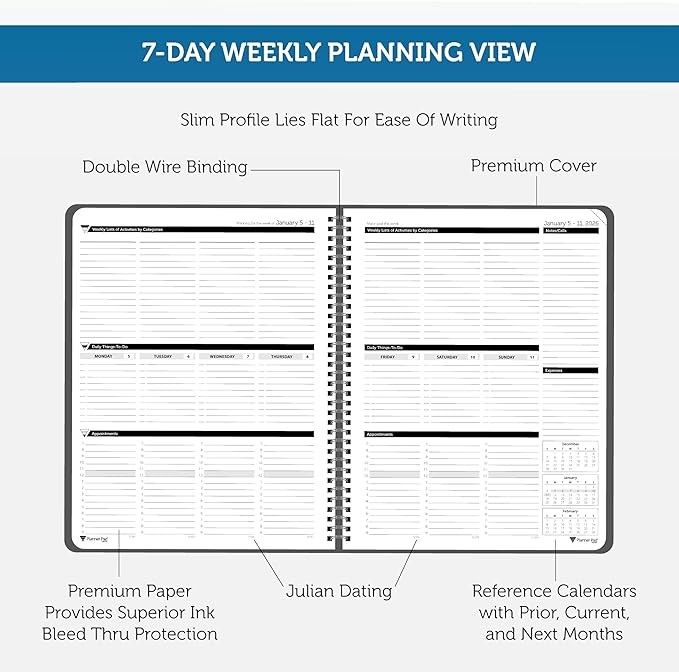 Planner Pad Spiral Bound January-December 2026/ Calender Year 8 1/2" x 11" Large 3-Tier Funnel Down 12 Month Organizer, Black Cover/Black Ink-Ruum Studio Home