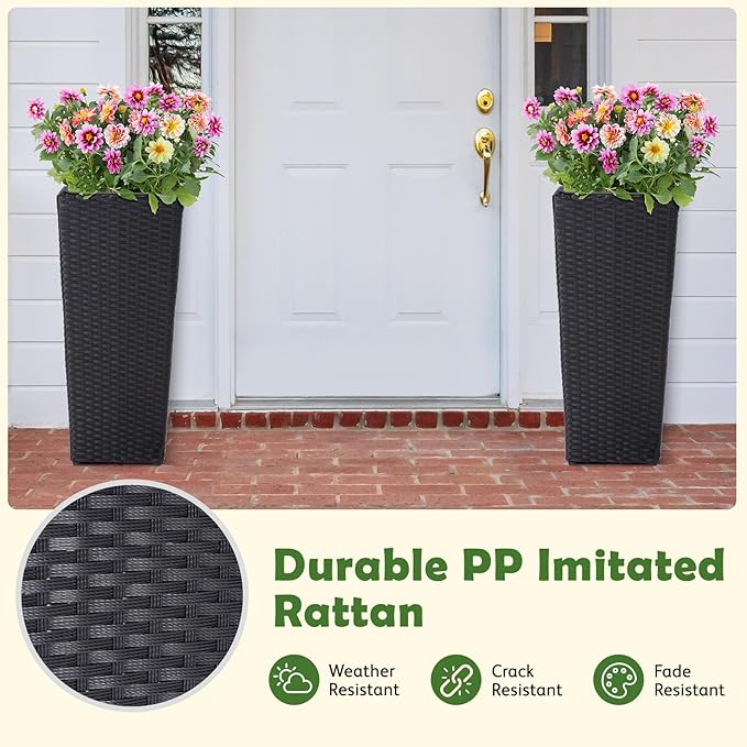 IDZO Wicker All-Weather Planter Set with Liners Tall Plant Decor Box for Outdoors Patio Herb Garden Furnishings - Rectangular Mocha-Ruum Studio Home