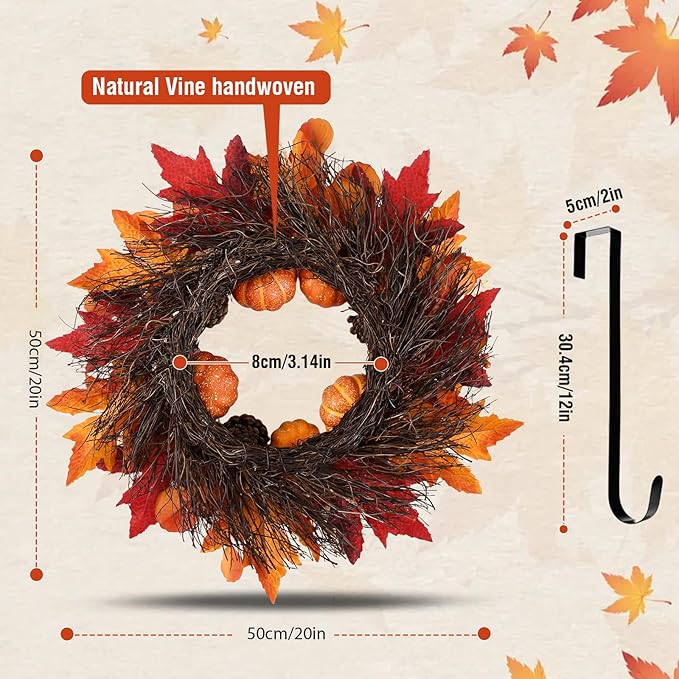 20 Inch Thanksgiving Fall Wreath, Berries Pumpkins Maple Leaves Pine Cones Autumn Wreaths with Hook for Front Door, Fall Decor, Porch Wall Home Outdoor Holiday Decorations Wreath for Autumn-Ruum Studio Home