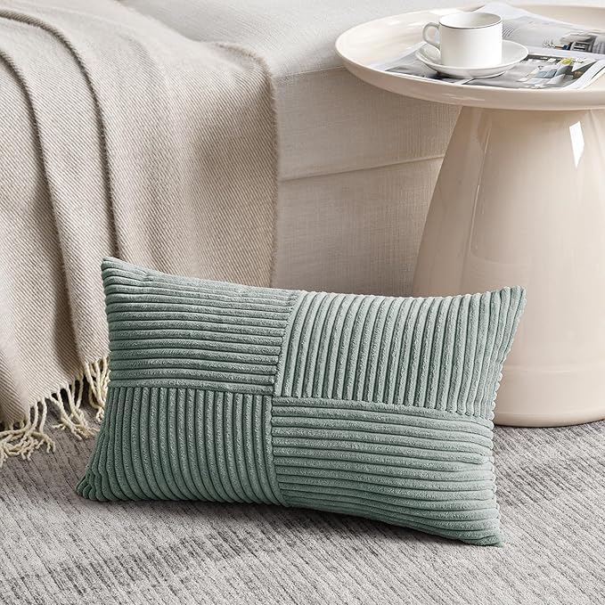 Fancy Homi 2 Packs Grey Blue Long Lumbar Decorative Throw Pillow Covers 12x24 Inch for Couch Bed Sofa, Rustic Farmhouse Boho Home Decor, Soft Striped Corduroy Rectangle Accent Cushion Case 30x60 cm-Ruum Studio Home