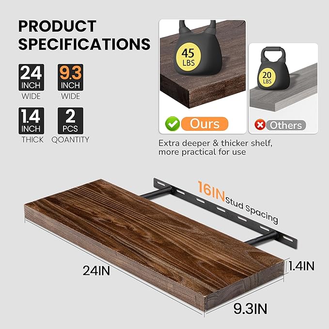 Fun Memories Floating Shelves for Wall, 24"x9.3" Rustic Solid Elm Wood Shelves, Heavy-Duty Wall Mounted Shelves with Invisible Brackets, Set of 2 for Living Room, Bedroom, Kitchen, Walnut Finish-Ruum Studio Home