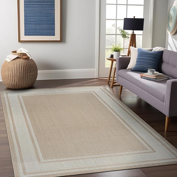 Beverly Rug Large Outdoor Rug 9x12 Modern Bordered Area Rugs for Indoor and Outdoor Patio Deck Porch Garden Waterproof Weather Sun Resistant Washable Outside Carpet (9 x 12 Beige)-Ruum Studio Home
