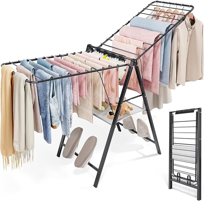 APEXCHASER Foldable Clothes Drying Rack, Metal Laundry Drying Rack Collapsible, Ultra Thin Clothes Rack for Sweater Bra Towel for Indoor & Outdoor Use, Height Adjustable Gullwing Clothes Airer, Black-Ruum Studio Home