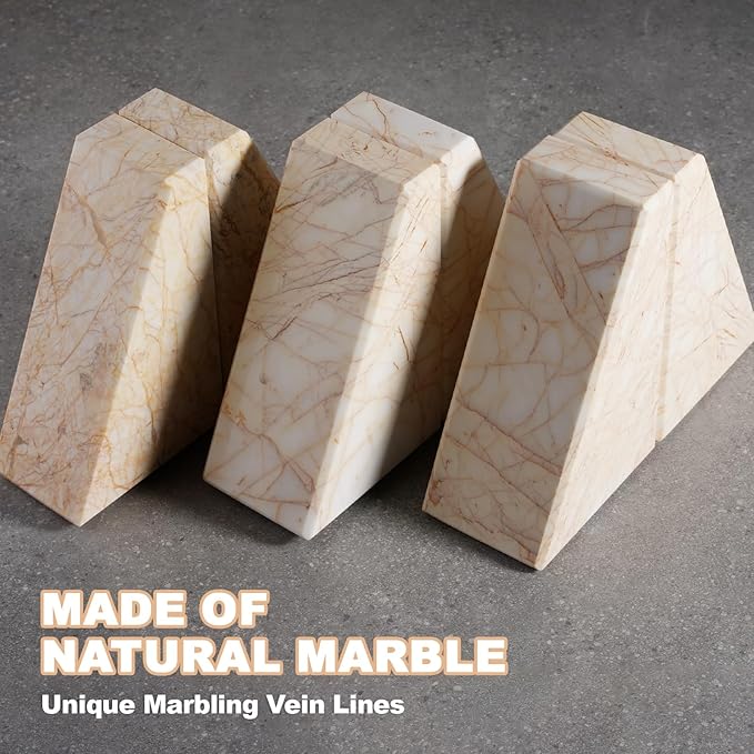 Marble Bookends，Natural Decorative Bookend for Shelves, Non-Skid Book End for Heavy Books, Idea Book Stoppers & Holder for Desk Bookshelf Decor, Modern Home Decor Cream Color Book Ends, Set of 2-Ruum Studio Home