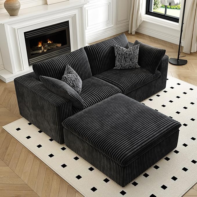 LoveSeat Cloud Couch Modular Sectional Sofa for Living Room,Modern Sofa with Deep Seat，2 Seater Boneless Couch with Ottoman,Comfy Upholstered Couches for Apartment, Studio, Office,Bedroom，Black-Ruum Studio Home